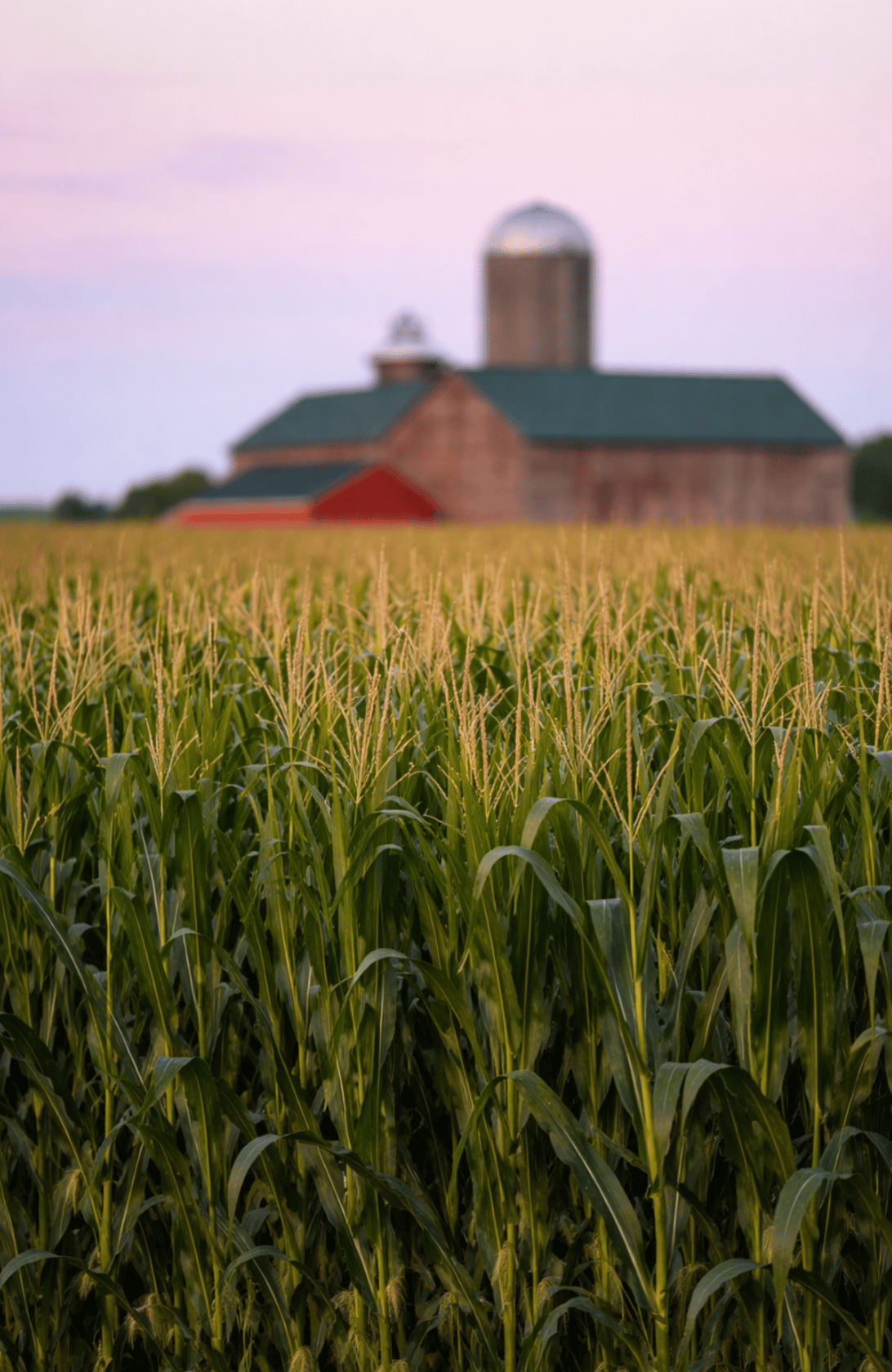 Cornfield in the foreground with a red barn and silo in the distance at sunset